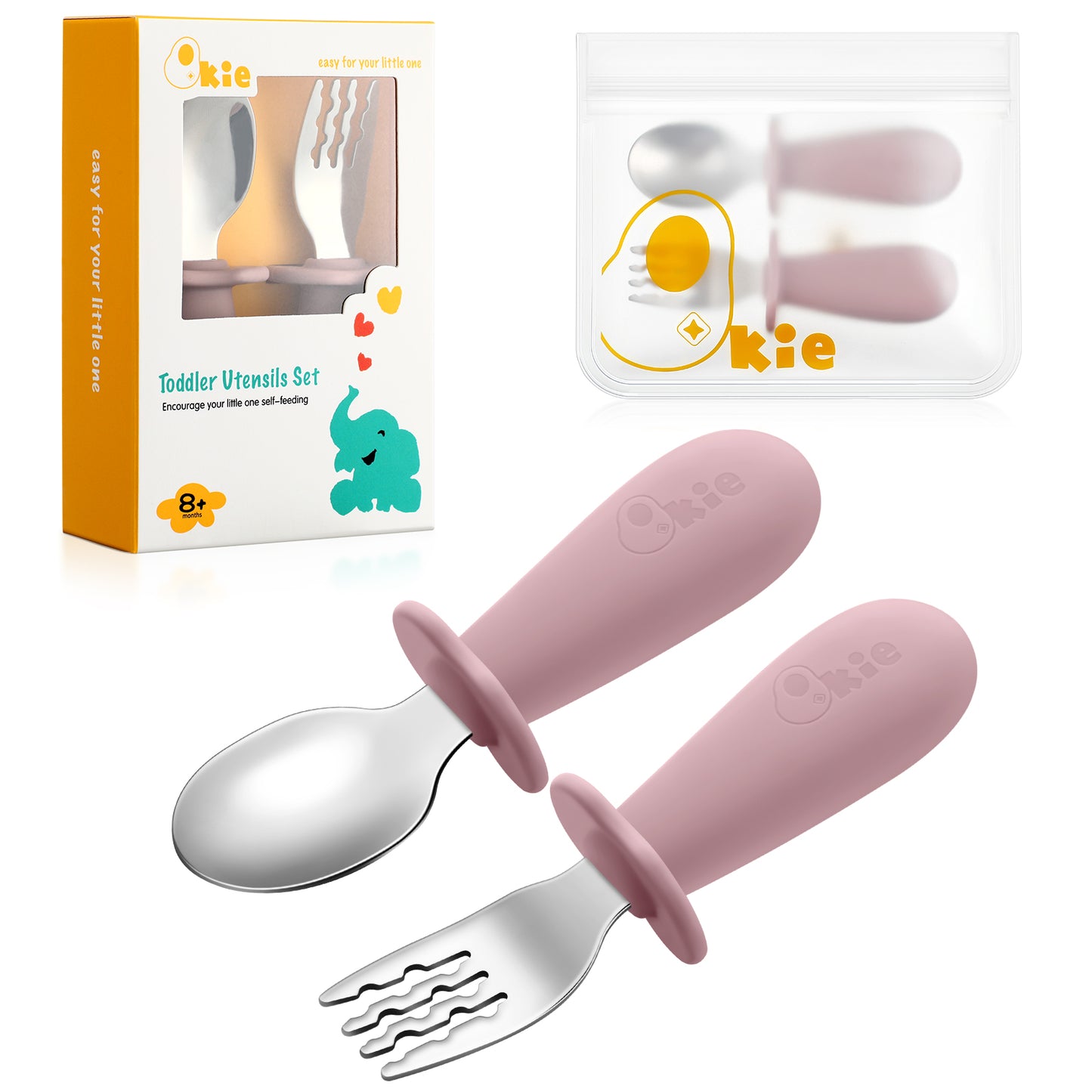 Qkie Toddler Spoon and Fork Set, Stainless Steel Silverware with Food-Grade Silicone Grip, 8 Months+