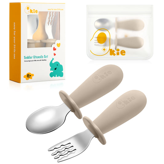 Qkie Toddler Spoon and Fork Set,  Stainless Steel Silverware with Food-Grade Silicone Grip, 8 Months+