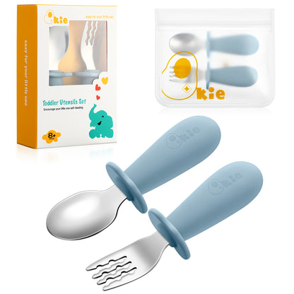 Qkie Toddler Spoon and Fork Set,  Stainless Steel Silverware with Food-Grade Silicone Grip, 8 Months+