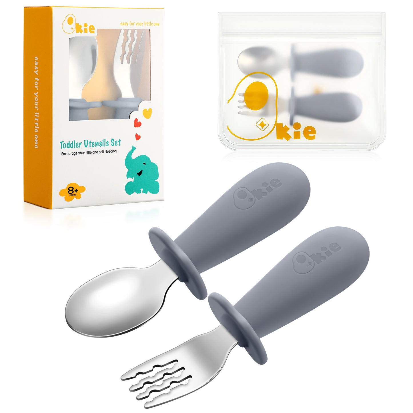 Qkie Toddler Spoon and Fork Set,  Stainless Steel Silverware with Food-Grade Silicone Grip, 8 Months+