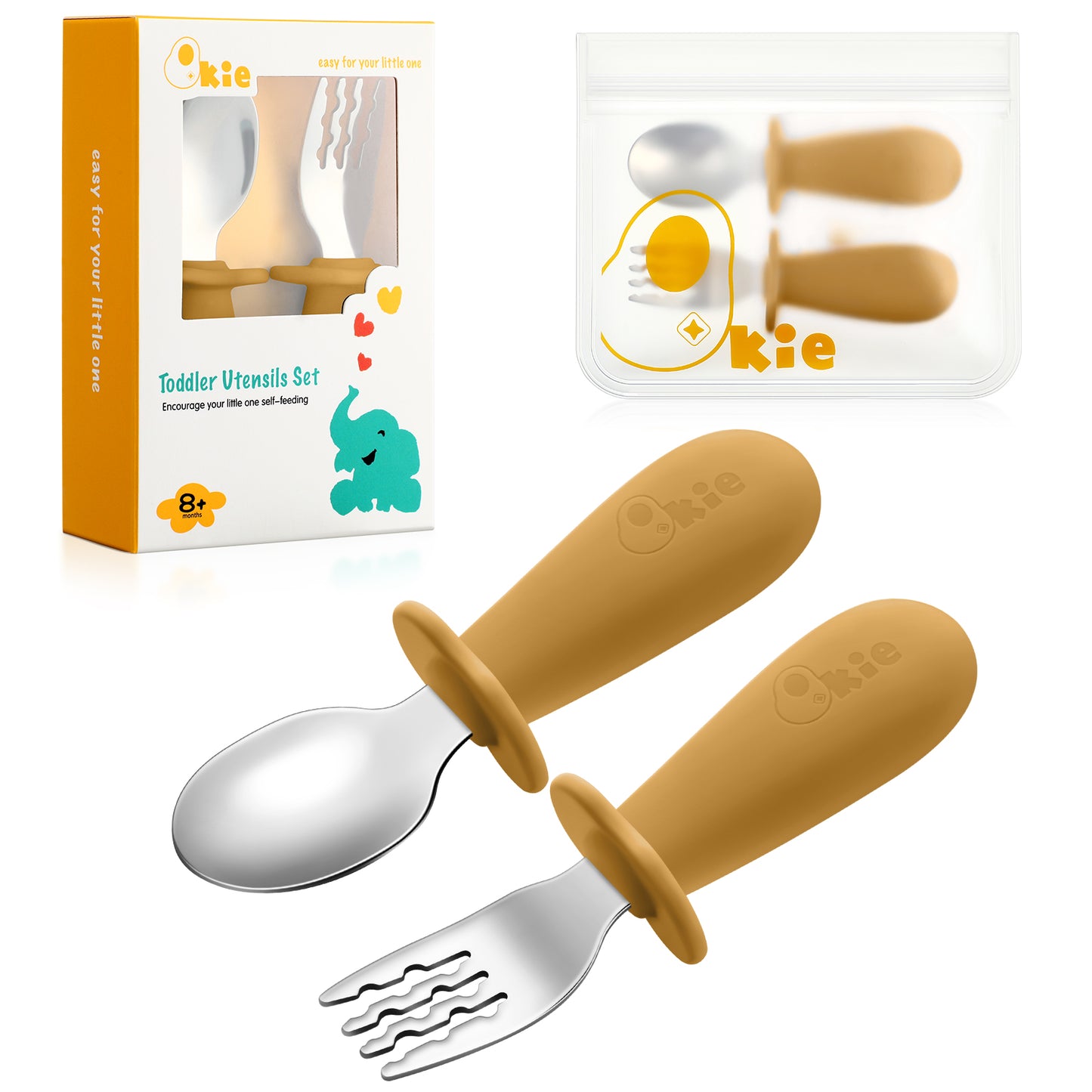 Qkie Toddler Spoon and Fork Set,  Stainless Steel Silverware with Food-Grade Silicone Grip, 8 Months+