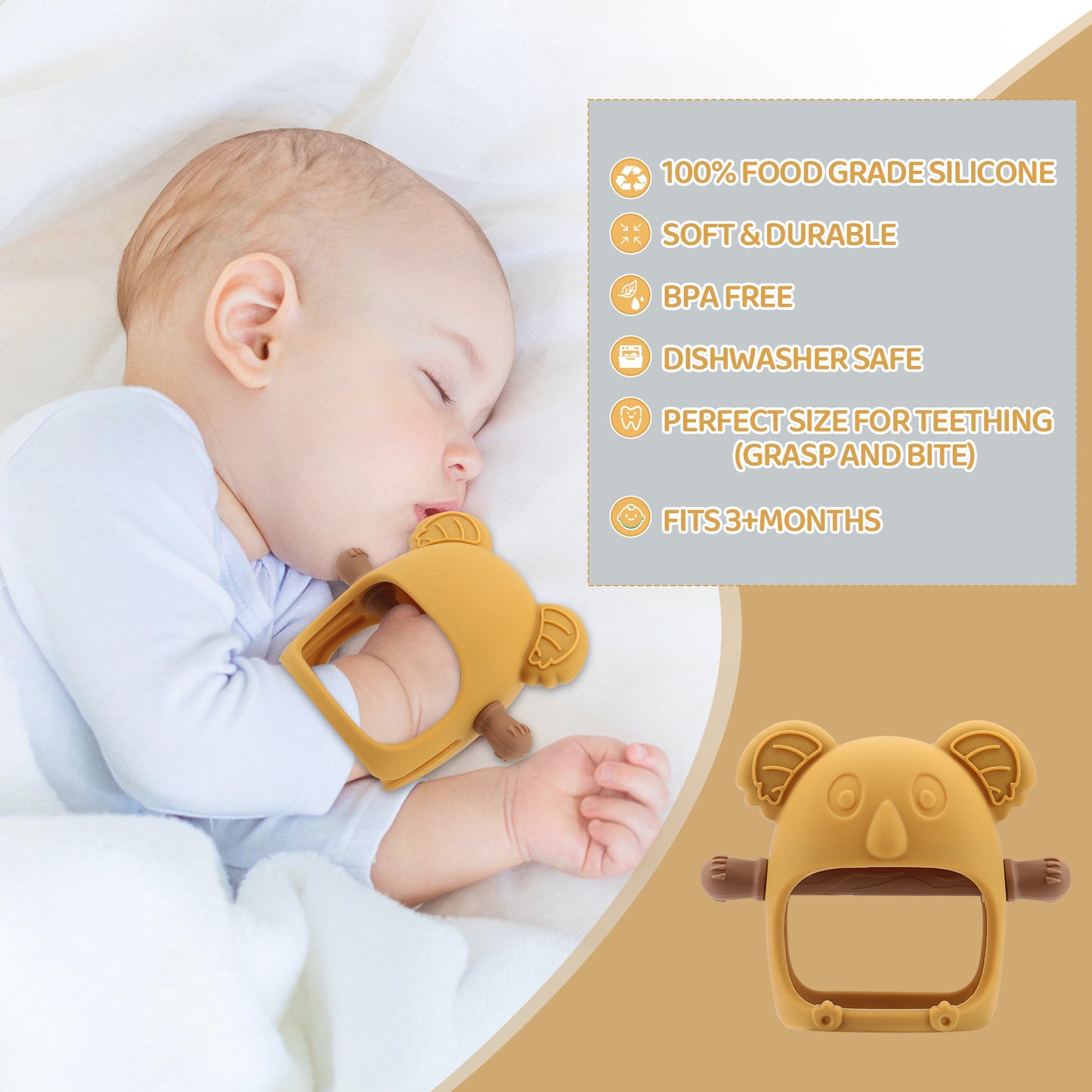 Qkie Koala Teething Toys for Babies 0-6 Months, Glue-Free Handle Baby Teething Toys for 1+ Months Infants Babies