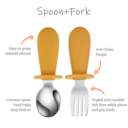 Qkie Toddler Spoon and Fork Set,  Stainless Steel Silverware with Food-Grade Silicone Grip, 8 Months+