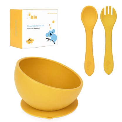 Qkie Silicone Suction Feeding Set Baby Toddler Bowl Spoon Slant Cut Bowl First Stage Self Feeding