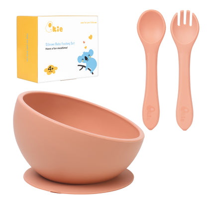 Qkie Silicone Suction Feeding Set Baby Toddler Bowl Spoon Slant Cut Bowl First Stage Self Feeding