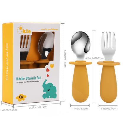 Qkie Toddler Spoon and Fork Set,  Stainless Steel Silverware with Food-Grade Silicone Grip, 8 Months+