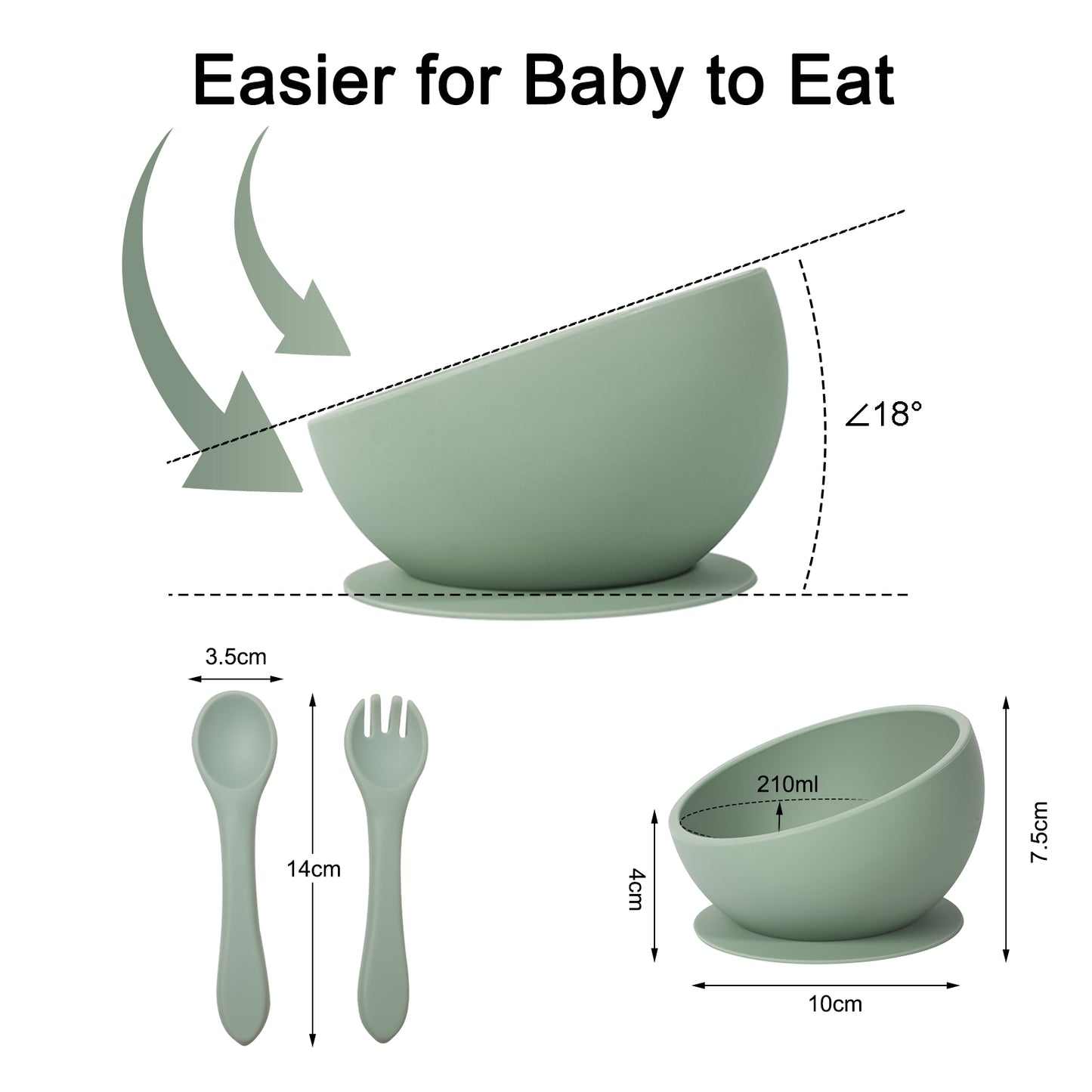 Qkie Silicone Suction Feeding Set Baby Toddler Bowl Spoon Slant Cut Bowl First Stage Self Feeding